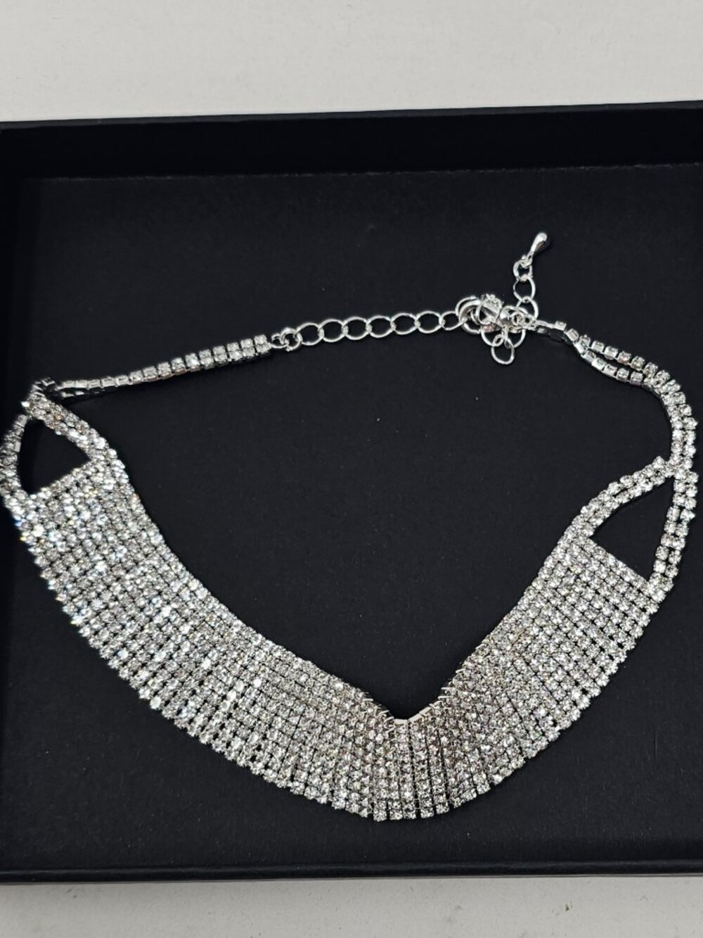 Crystal Rhinestone Statement Choker Necklace – Multi-Row Bib Silver Tone Bling